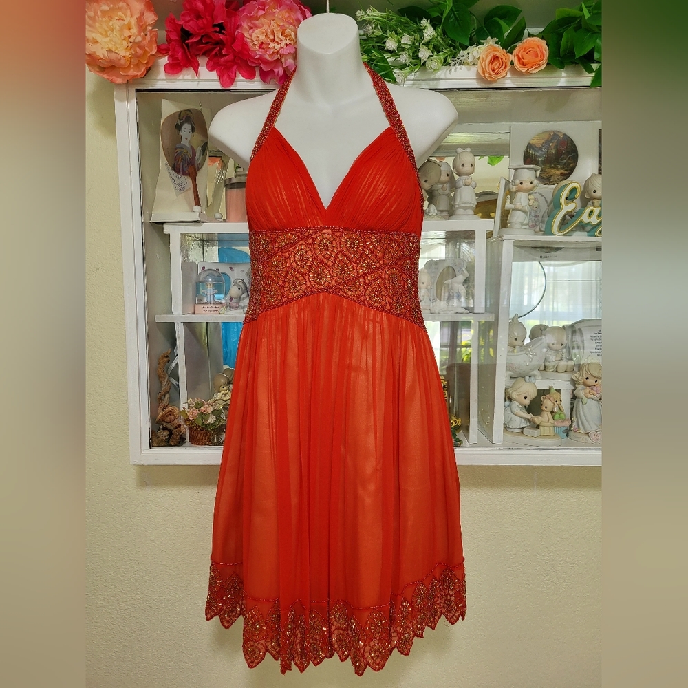 Adrianna Papell vibrant Red Iridescent Beaded Empire Waist Silk short Gown